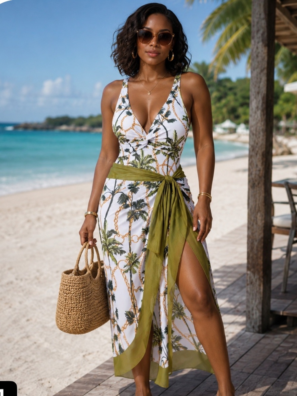 Tropical Palm Chain Print One-Piece Swimsuit & Sarong Set - Olive Accents